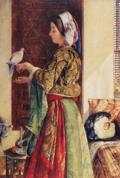two boys singing Painting - Girl with Two Caged Doves Oriental John Frederick Lewis Arabs
